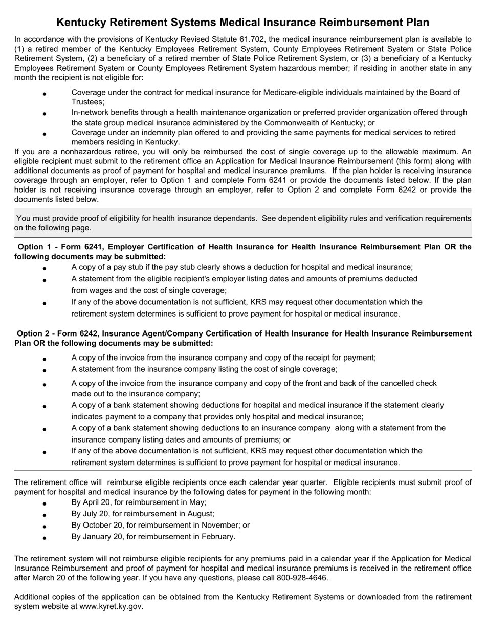 Form 6240 Application for Medical Insurance Reimbursement - Kentucky, Page 2
