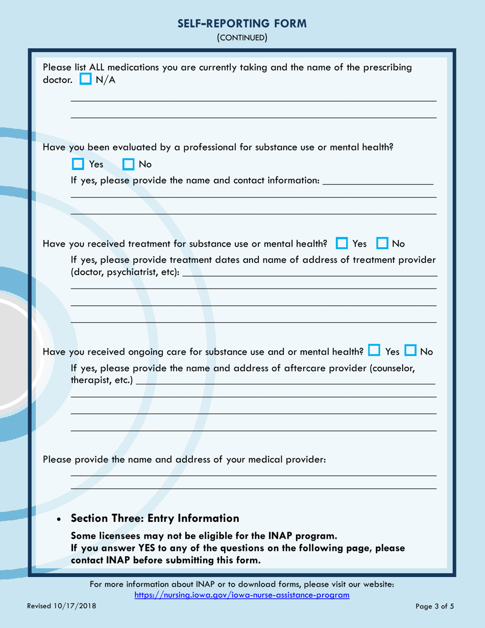 Self-reporting Form - Iowa, Page 3