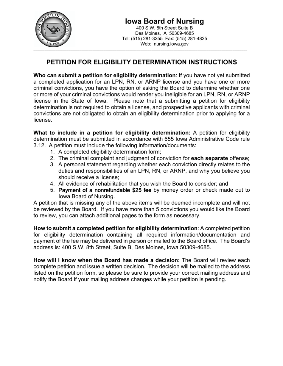 Petition for Determination of Eligibility for Licensure - Iowa, Page 1