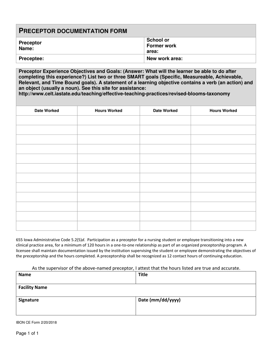 Preceptor Documentation Form - Iowa, Page 1