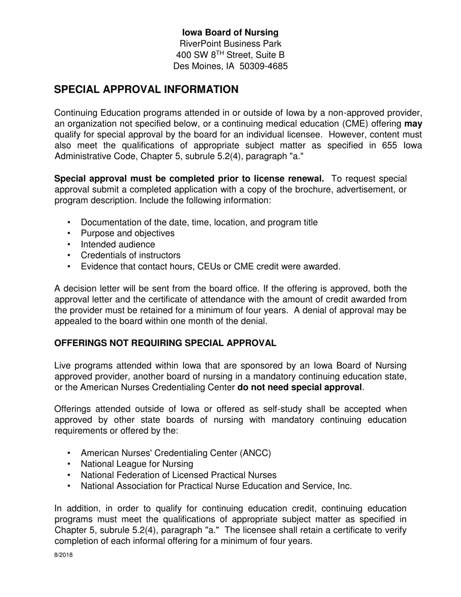 Special Approval Application for Nursing Continuing Education - Iowa, Page 1