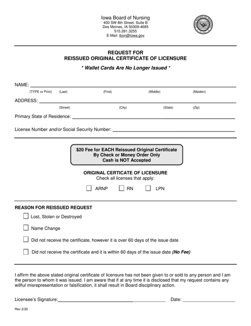 Request for Reissued Original Certificate of Licensure - Iowa Download Pdf