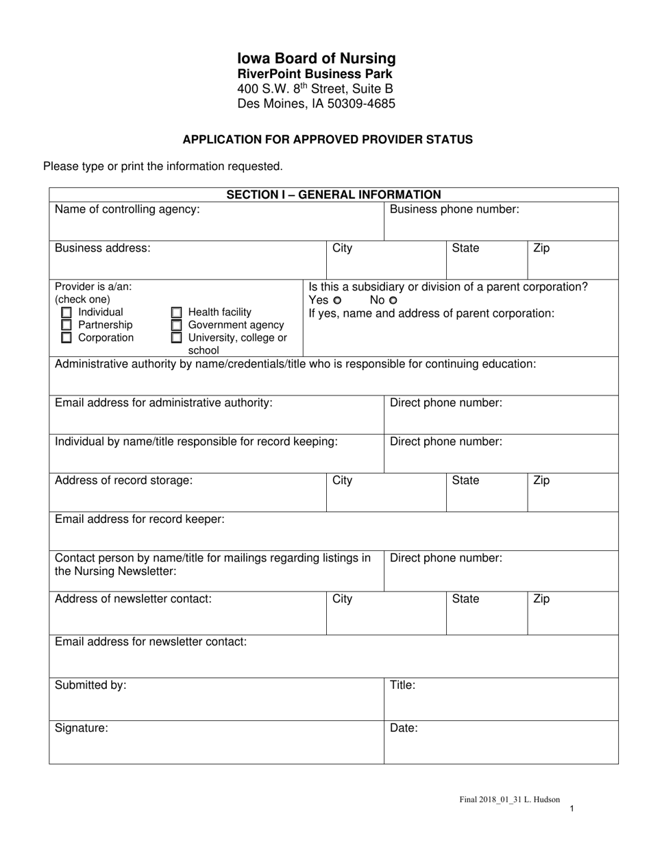Application for Approved Provider Status - Iowa, Page 1