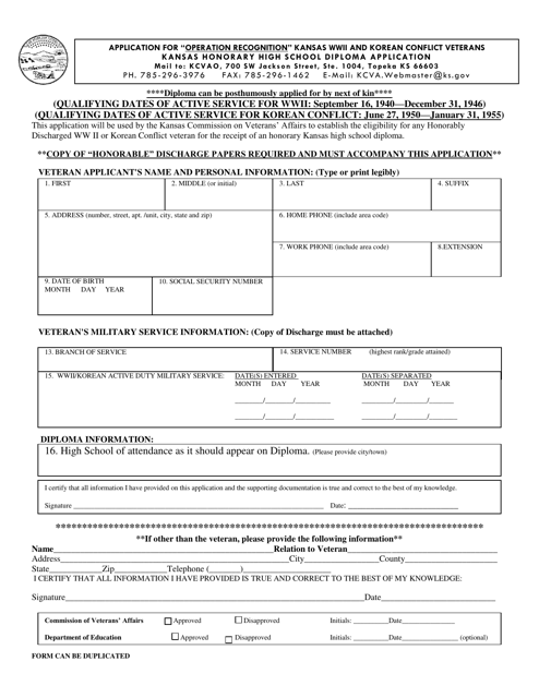 Application for "operation Recognition" Kansas Wwii and Korean Conflict Veterans - Kansas Download Pdf