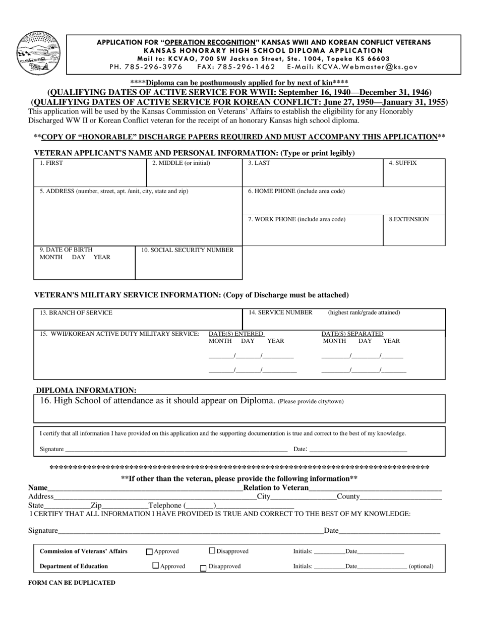 Application for operation Recognition Kansas Wwii and Korean Conflict Veterans - Kansas, Page 1