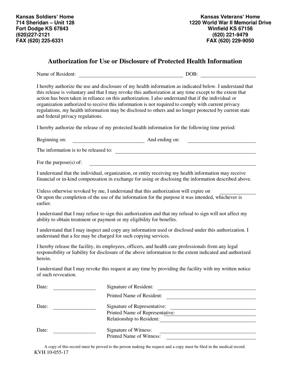 Form KVH10-055-17 Authorization for Use or Disclosure of Protected Health Information - Kansas, Page 1