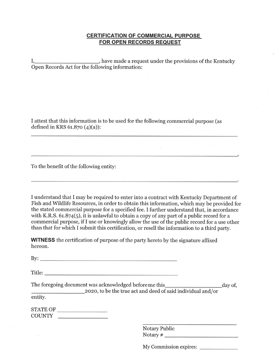 Certification of Commercial Purpose for Open Records Request - Kentucky, Page 1