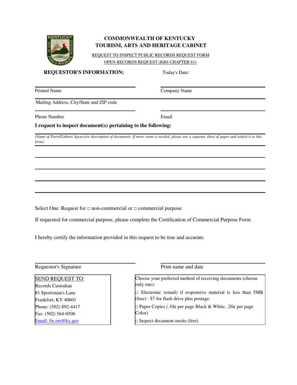 Request to Inspect Public Records Request Form - Open Records Request - Kentucky, Page 1