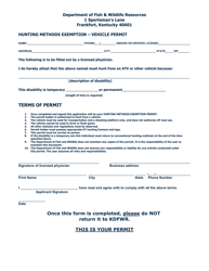 Document preview: Hunting Methods Exemption - Vehicle Permit - Kentucky