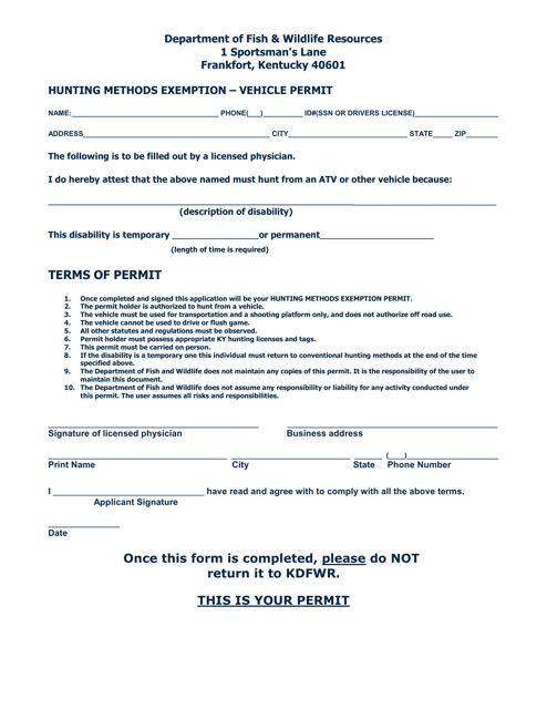 Hunting Methods Exemption - Vehicle Permit - Kentucky Download Pdf