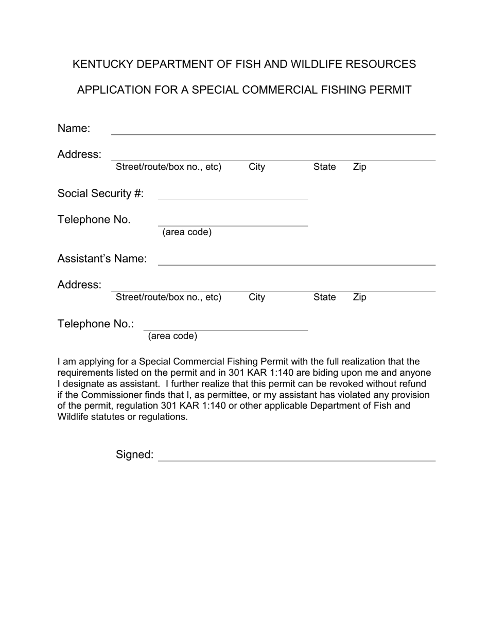 Kentucky Application for a Special Commercial Fishing Permit Fill Out