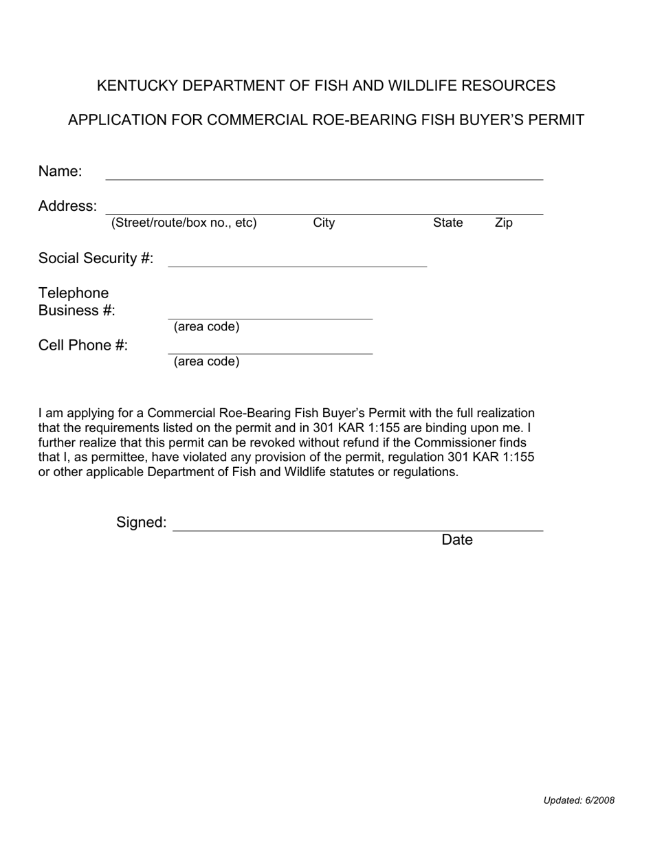 Application for Commercial Roe-Bearing Fish Buyers Permit - Kentucky, Page 1
