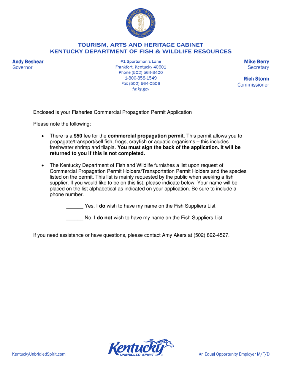 Fisheries Commercial Propagation Permit Application Form - Kentucky, Page 1