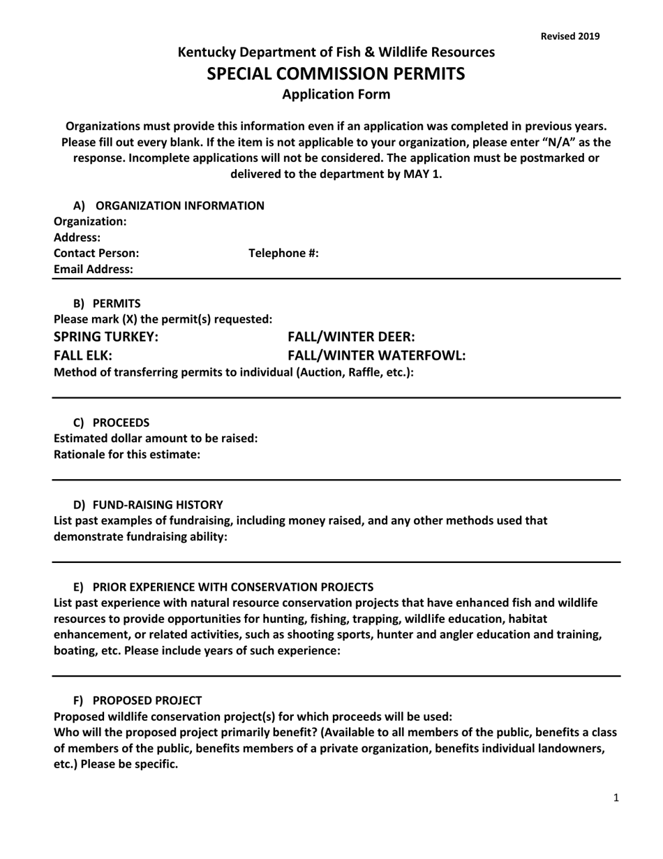 Special Commission Permits Application Form - Kentucky, Page 1