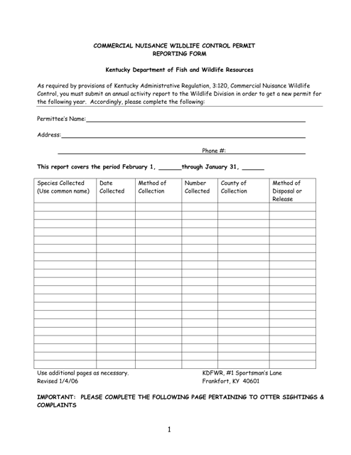 Commercial Nuisance Wildlife Control Permit Reporting Form - Kentucky Download Pdf
