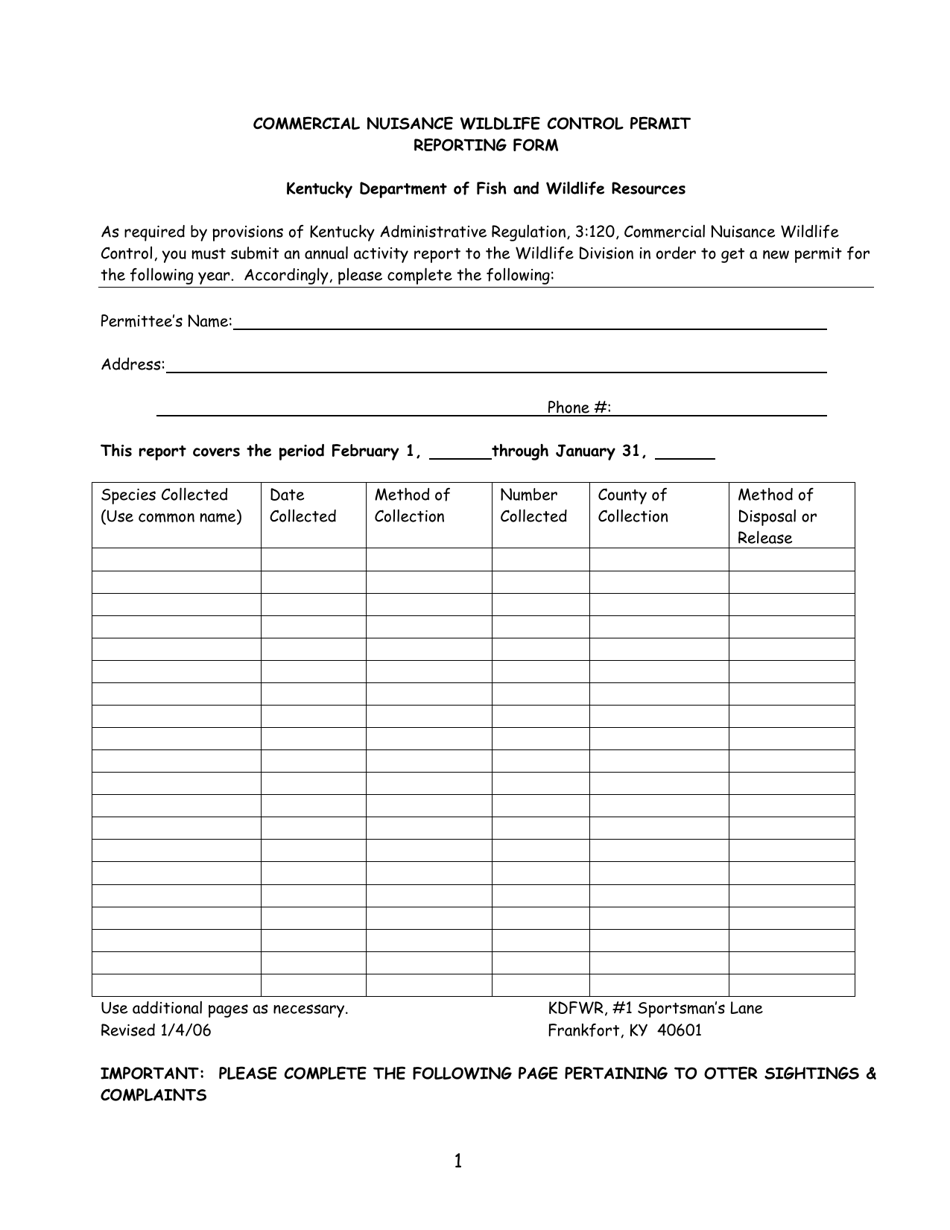 Commercial Nuisance Wildlife Control Permit Reporting Form - Kentucky, Page 1