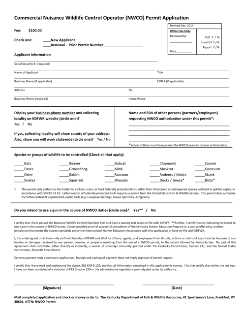 Commercial Nuisance Wildlife Control Operator (Nwco) Permit Application - Kentucky Download Pdf