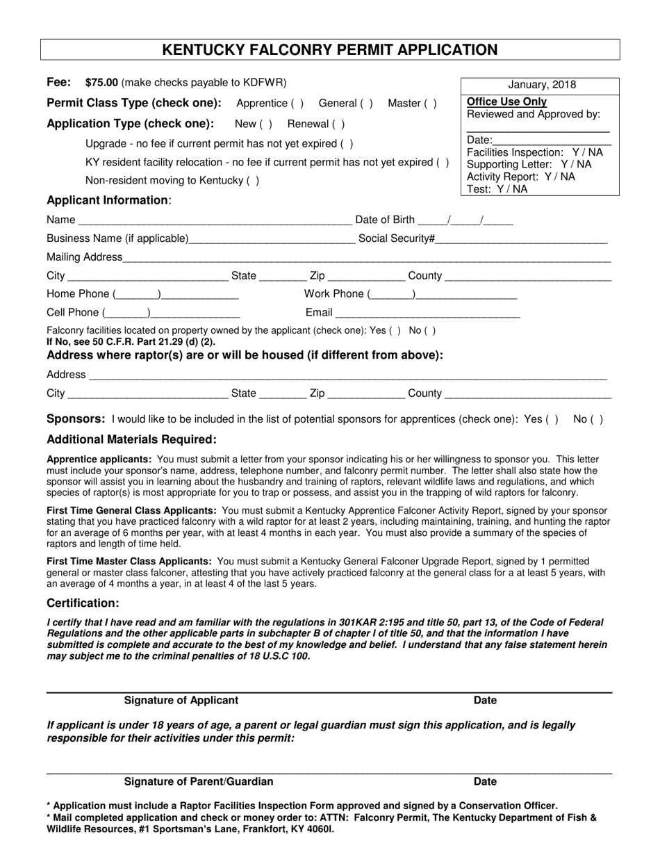 Kentucky Falconry Permit Application - Kentucky, Page 1