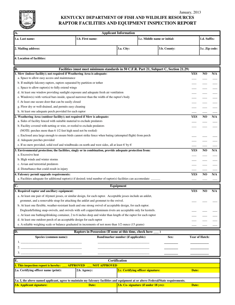 Raptor Facilities and Equipment Inspection Report - Kentucky, Page 1