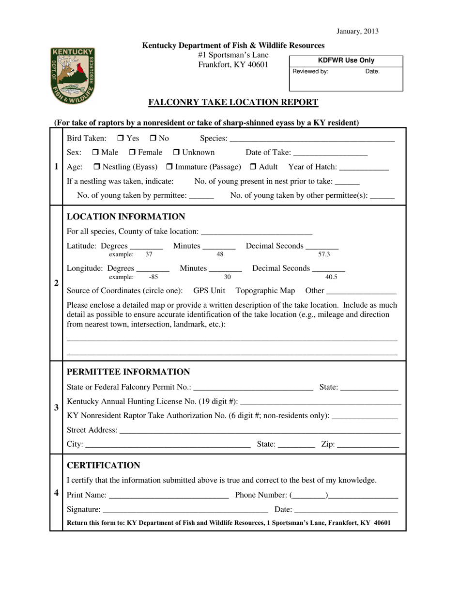 Kentucky Falconry Take Location Report Fill Out, Sign Online and