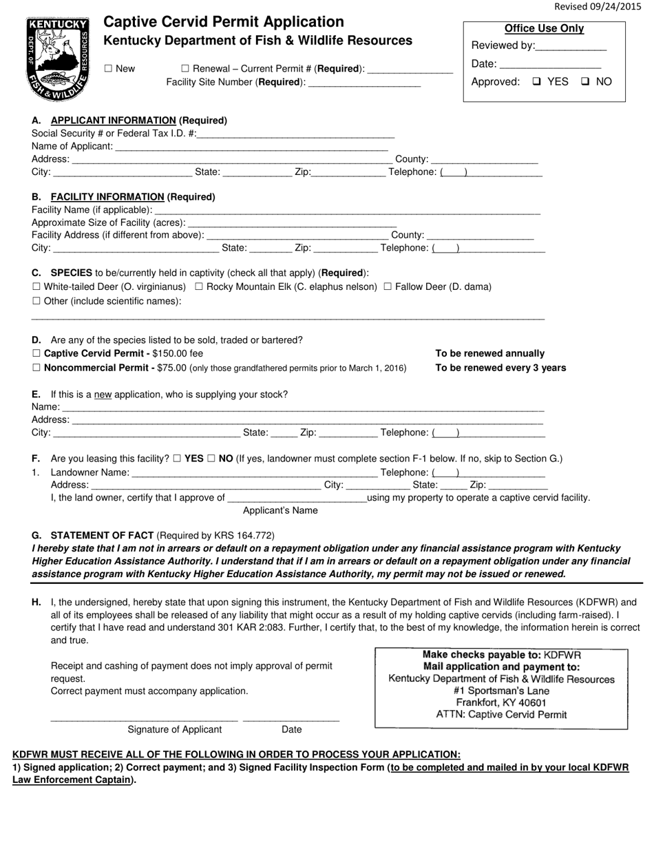Captive Cervid Permit Application - Kentucky, Page 1