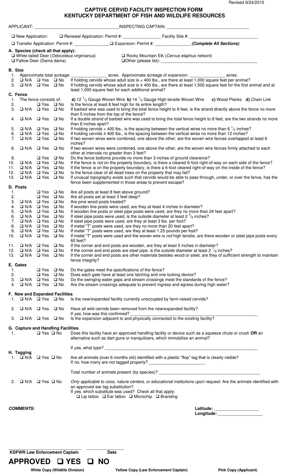 Captive Cervid Facility Inspection Form - Kentucky, Page 1