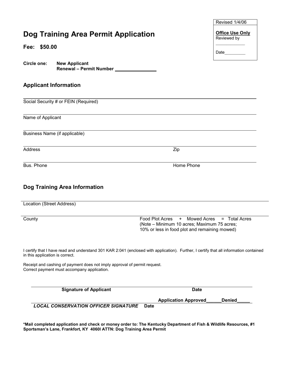 Dog Training Area Permit Application - Kentucky, Page 1