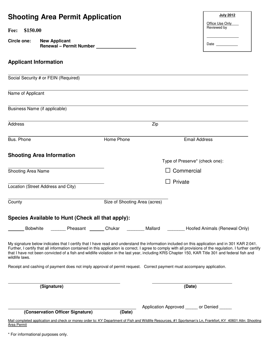 Shooting Area Permit Application - Kentucky, Page 1