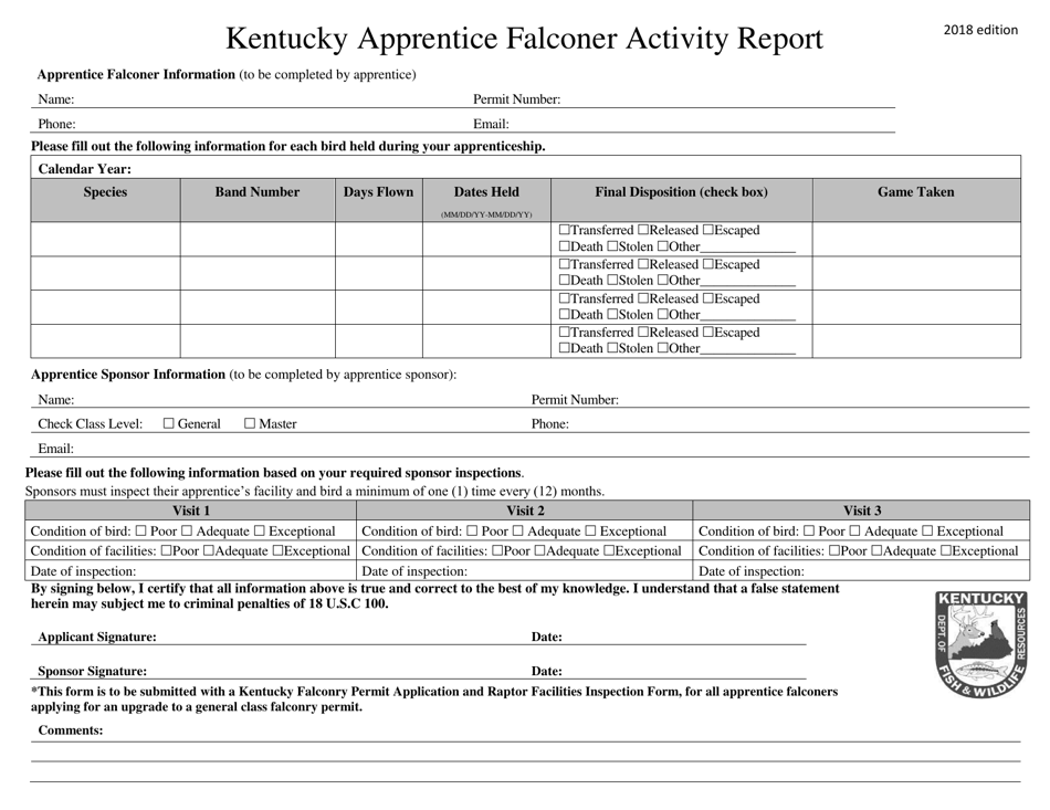 Kentucky Apprentice Falconer Activity Report - Kentucky, Page 1