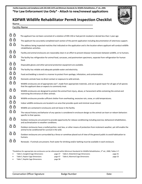 Kdfwr Wildlife Rehabilitator Permit Inspection Checklist - Kentucky