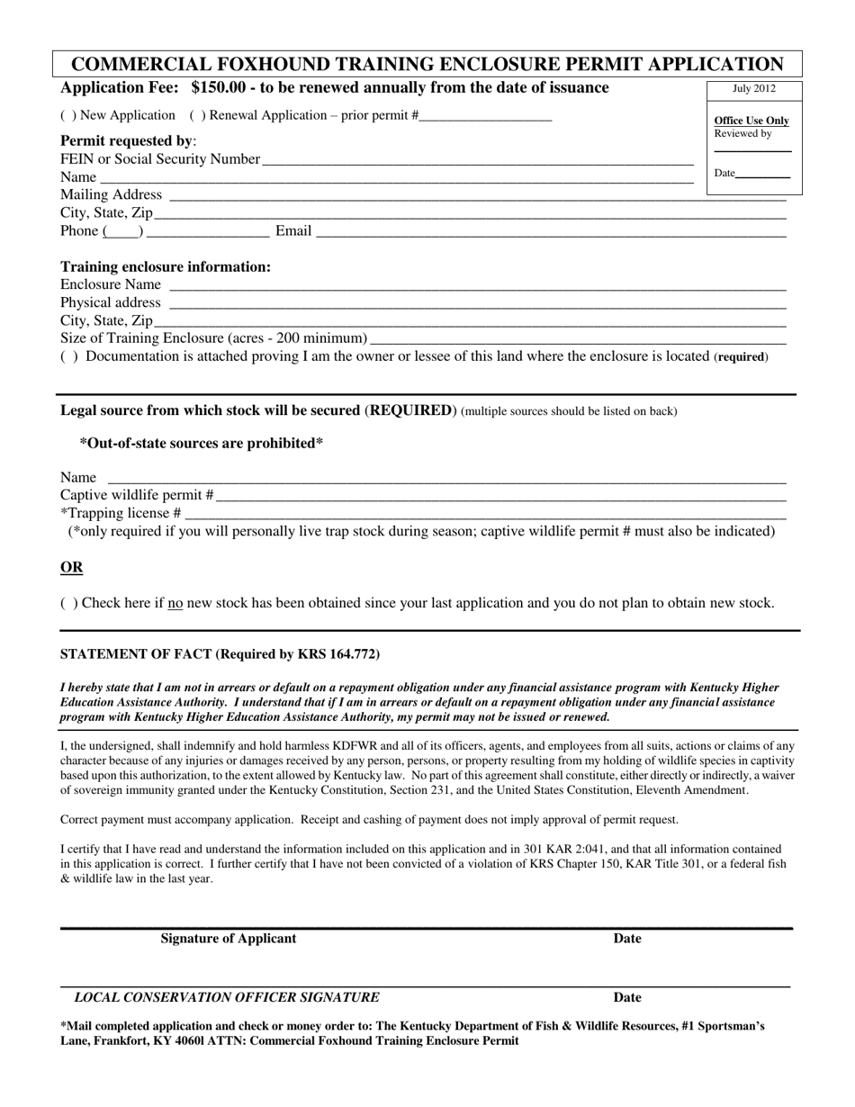 Commercial Foxhound Training Enclosure Permit Application - Kentucky, Page 1
