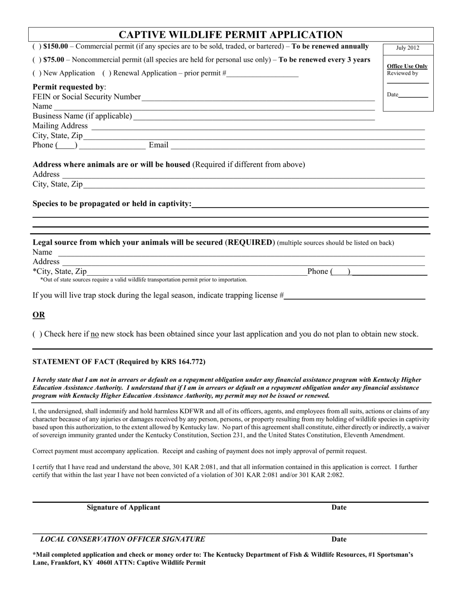 Kentucky Captive Wildlife Permit Application - Fill Out, Sign Online ...