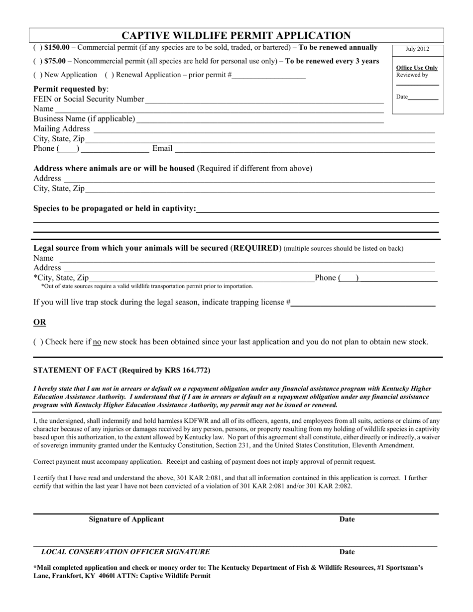 Captive Wildlife Permit Application - Kentucky, Page 1