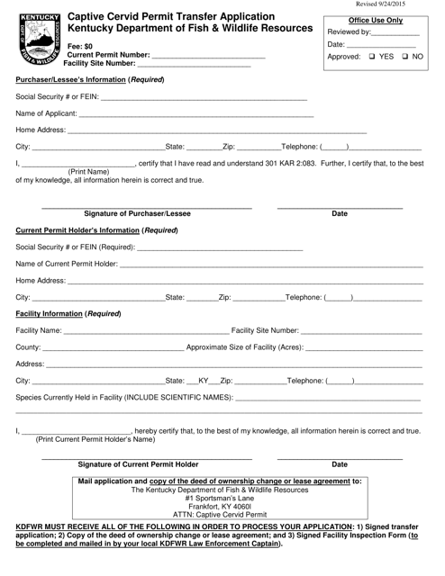 Captive Cervid Permit Transfer Application - Kentucky Download Pdf