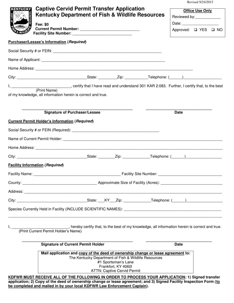 Captive Cervid Permit Transfer Application - Kentucky, Page 1