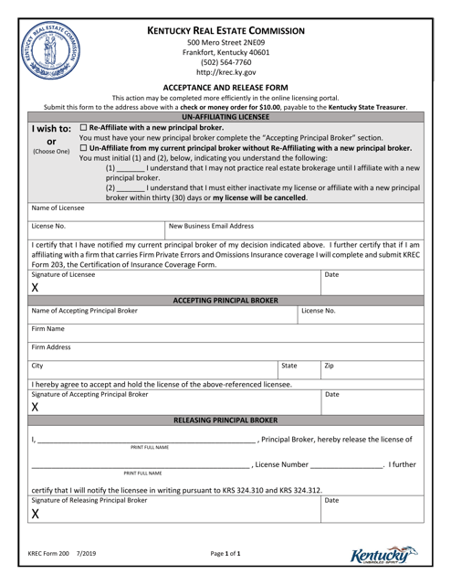 KREC Form 200 Acceptance and Release Form - Kentucky