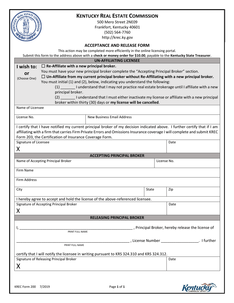 KREC Form 200 Acceptance and Release Form - Kentucky, Page 1