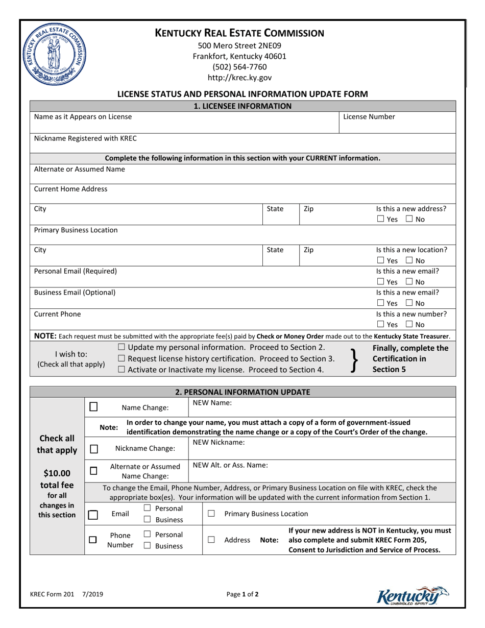 KREC Form 201 License Status and Personal Information Update Form - Kentucky, Page 1
