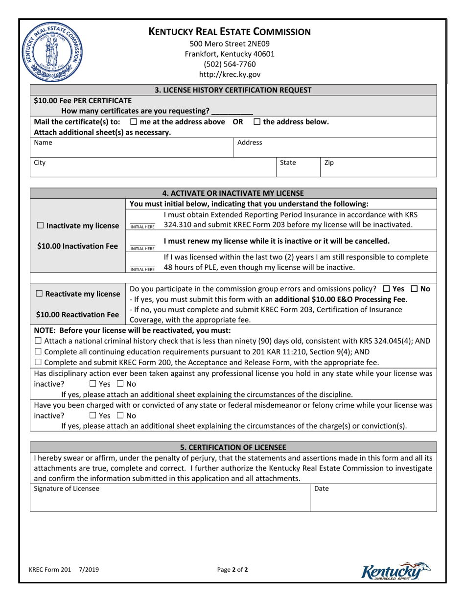 KREC Form 201 License Status and Personal Information Update Form - Kentucky, Page 2