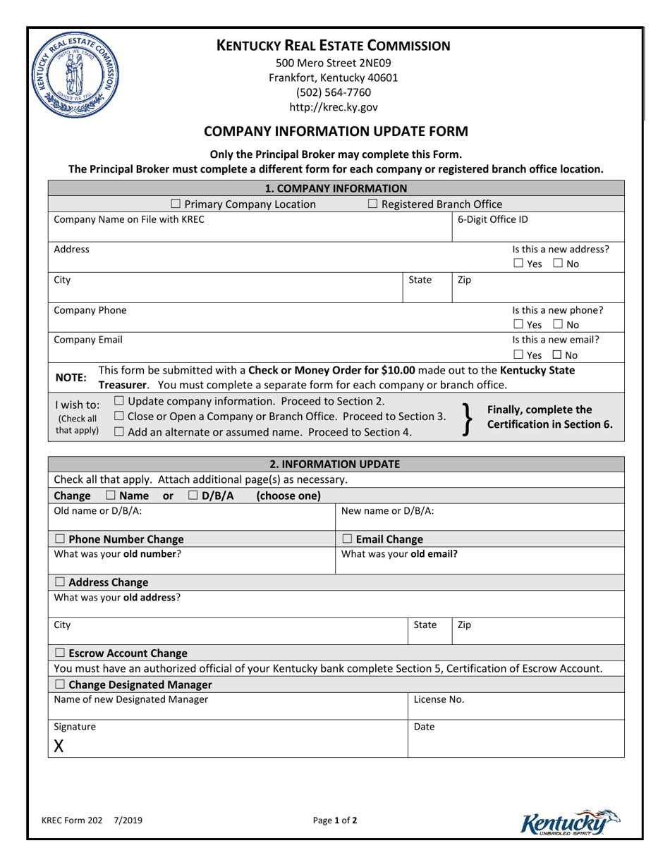 KREC Form 202 Company Information Update Form - Kentucky, Page 1