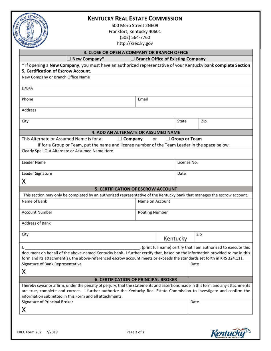 KREC Form 202 Company Information Update Form - Kentucky, Page 2