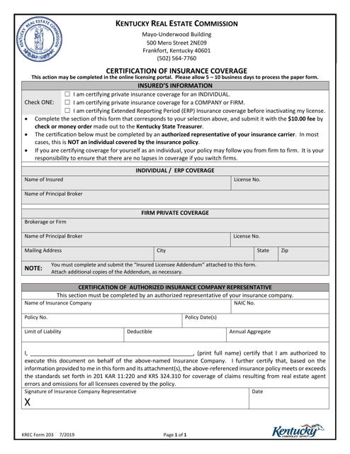KREC Form 203 Certification of Insurance Coverage - Kentucky