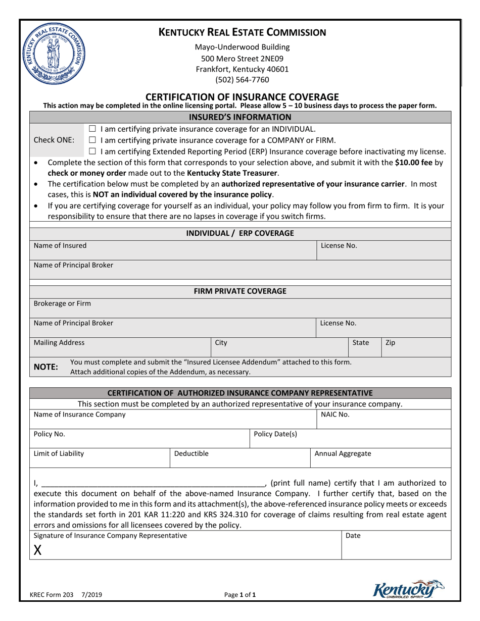 KREC Form 203 Certification of Insurance Coverage - Kentucky, Page 1