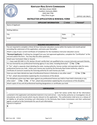 KREC Form 100 Instructor Application &amp; Renewal Form - Kentucky