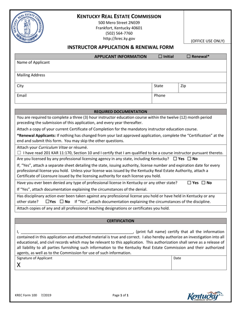 KREC Form 100 Instructor Application & Renewal Form - Kentucky