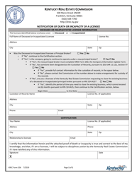 KREC Form 206 Notification of Death or Incapacity of a Licensee - Kentucky