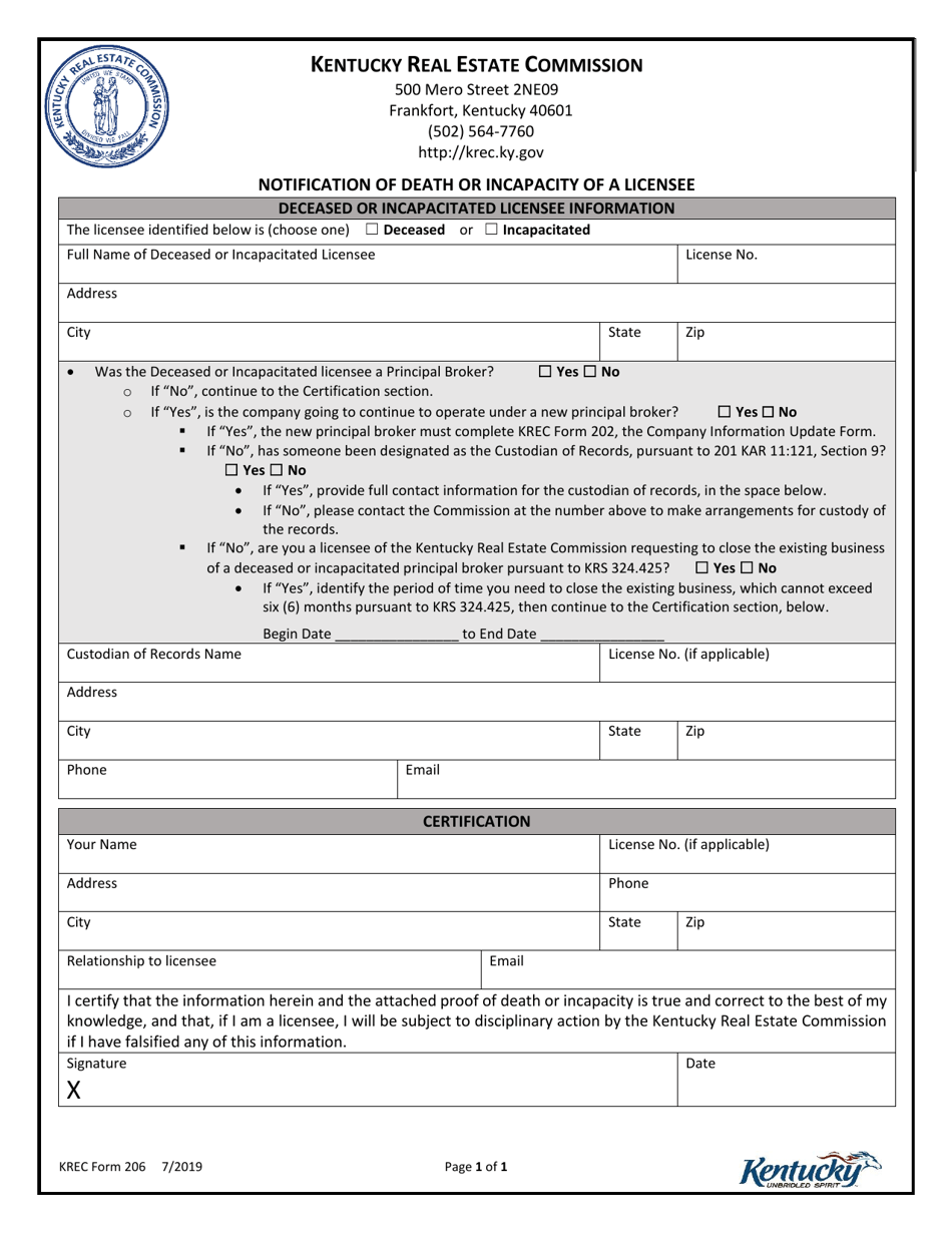 KREC Form 206 Notification of Death or Incapacity of a Licensee - Kentucky, Page 1