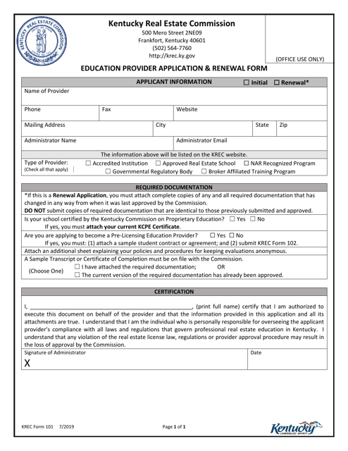 KREC Form 101 Education Provider Application & Renewal Form - Kentucky