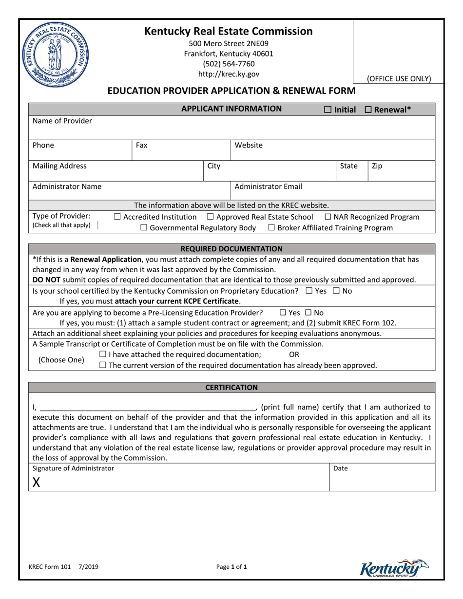 KREC Form 101 Education Provider Application  Renewal Form - Kentucky, Page 1