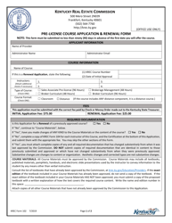 KREC Form 102 Pre-license Course Application &amp; Renewal Form - Kentucky